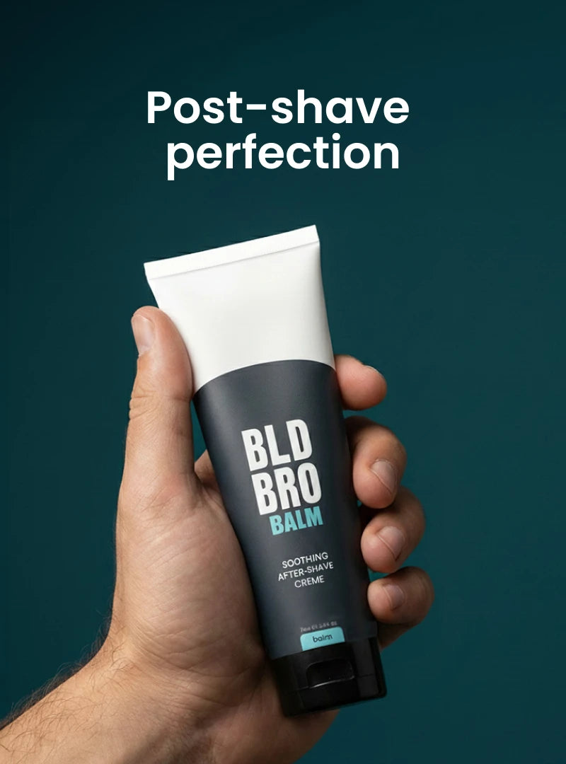 Hand holding a tube of BLD BRO Balm with 'Post-shave perfection' text on a dark background
