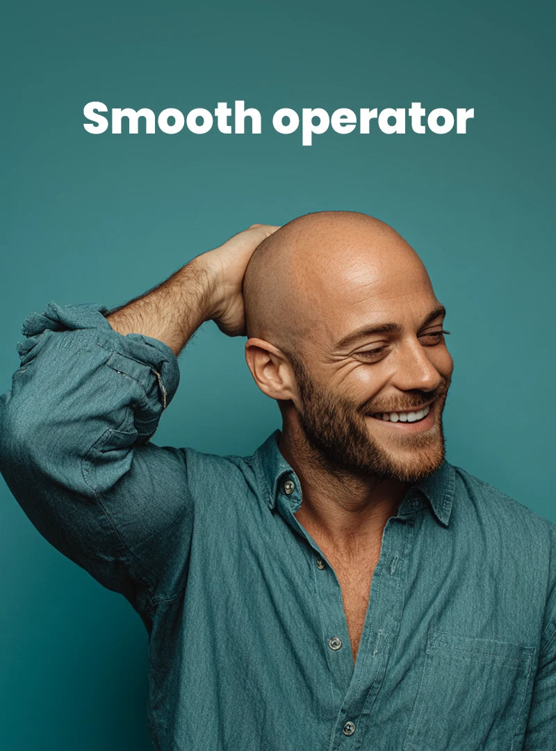 Bald man in teal linen shirt rubbing his head. Title reads 'smooth operator'.