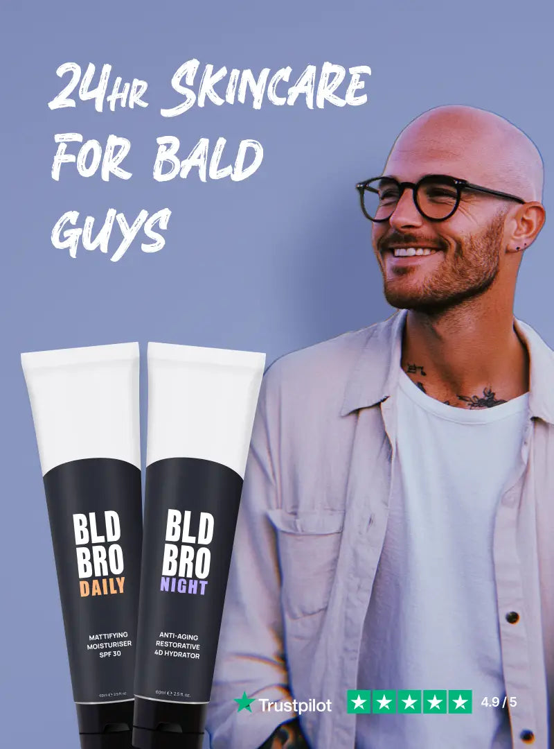 Advertisement for 'Bald Bro' skincare products with a man wearing glasses and a pink headscarf.