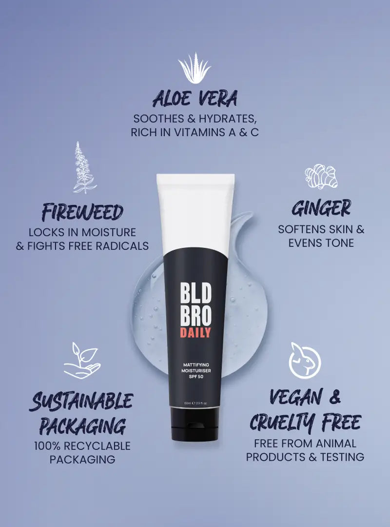 Bld Bro Daily skincare product with aloe vera, fireweed, and ginger benefits on a blue background