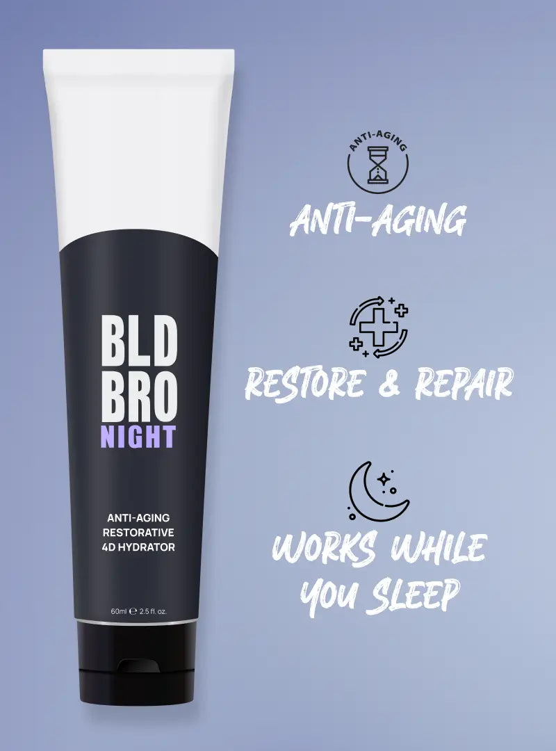 Black and white tube of BLD BRO Night product on a light purple background with text about anti-aging, restore & repair, and working while you sleep.