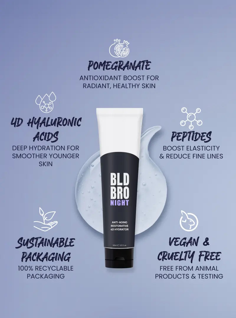 Bottle of BLD BRO Night cream with product features on a blue background
