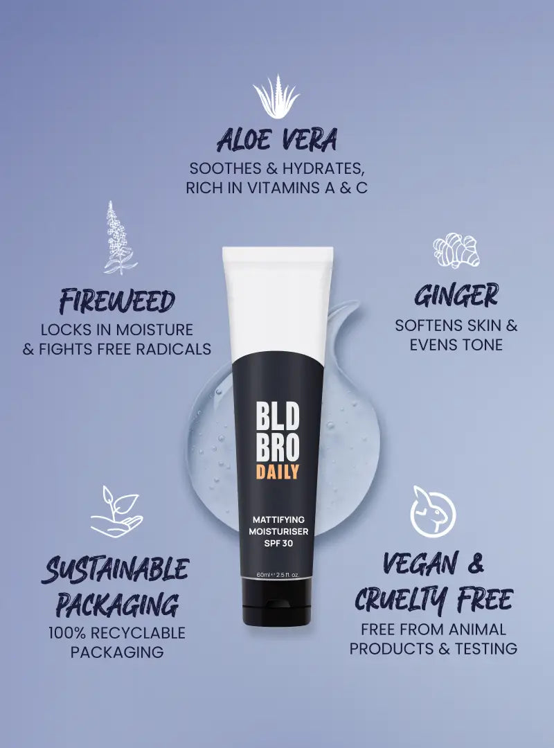 Bld Bro Daily moisturizer with aloe vera, fireweed, and ginger benefits on a blue background
