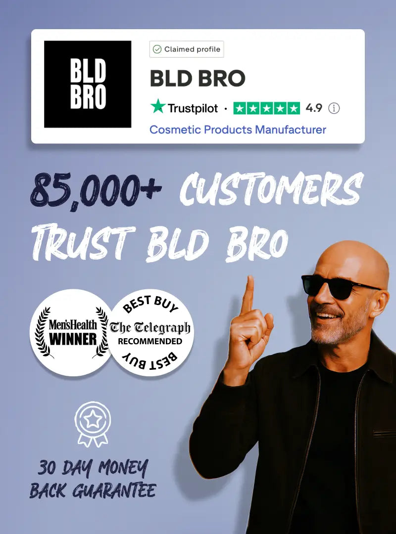 Advertisement for BLD BRO with a man pointing upwards on a blue background