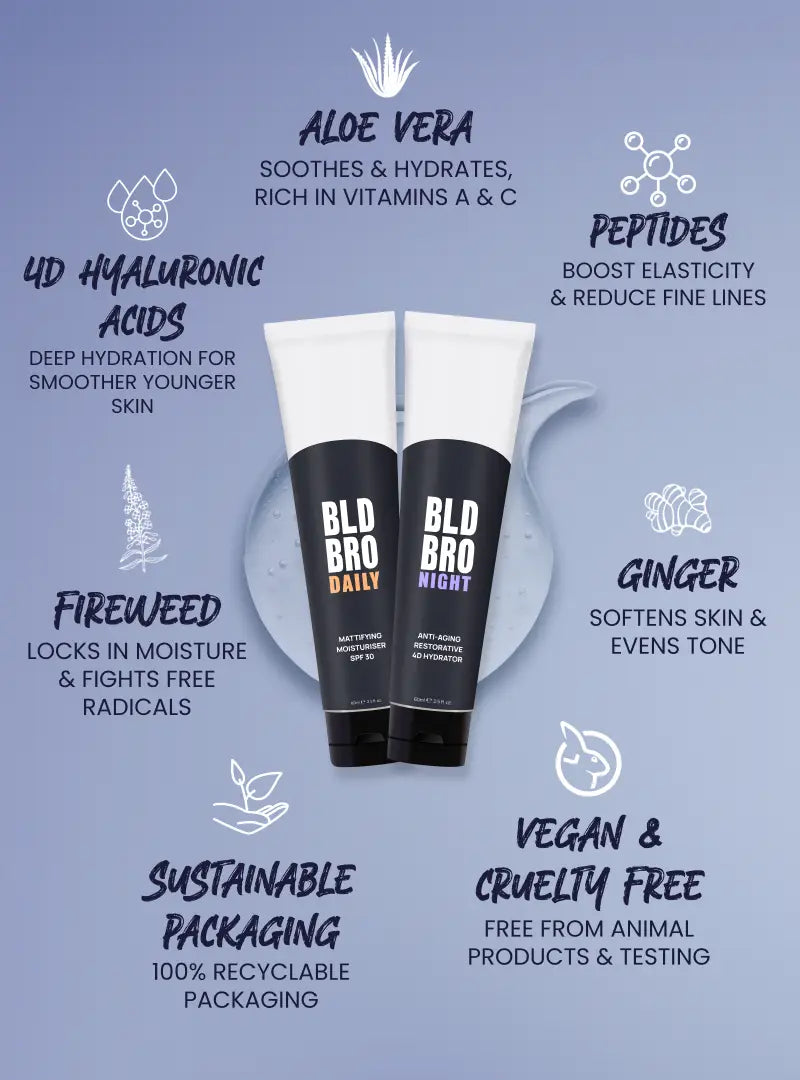 Two black skincare tubes labeled 'BLD BRO' with product benefits on a light blue background.