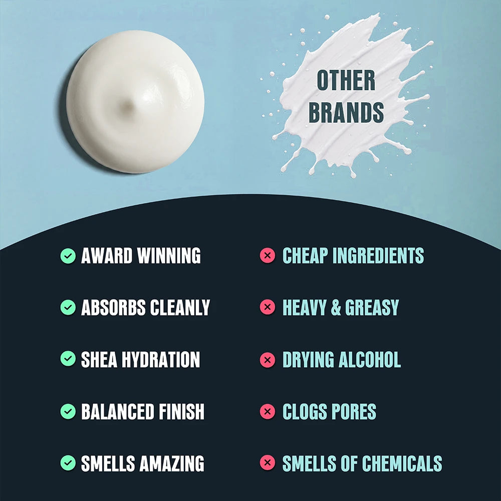 A promotional comparison graphic for a white round cosmetic product, likely a balm or compact disc. The top half shows the white round item on a light blue background with the text 'OTHER BRANDS' and a white paint splatter.