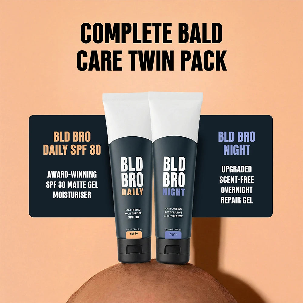 Two BLD BRO scalp care tubes, Daily SPF 30 and Night repair gel, displayed on a brown pedestal against a peach background with promotional text overlays.