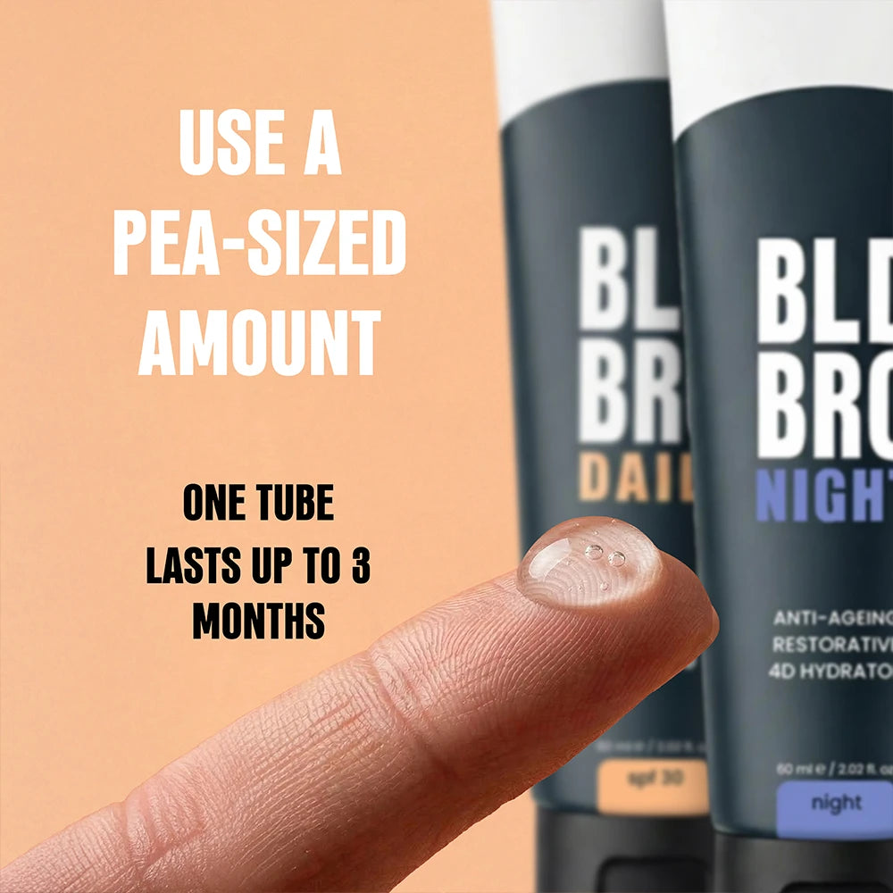 A tube of BLD BRO Daily 30 next to a tube of BLD BRO Night shown next to a close-up of a fingernail with a small amount of gel applied, on a peach-colored background with instructional text.