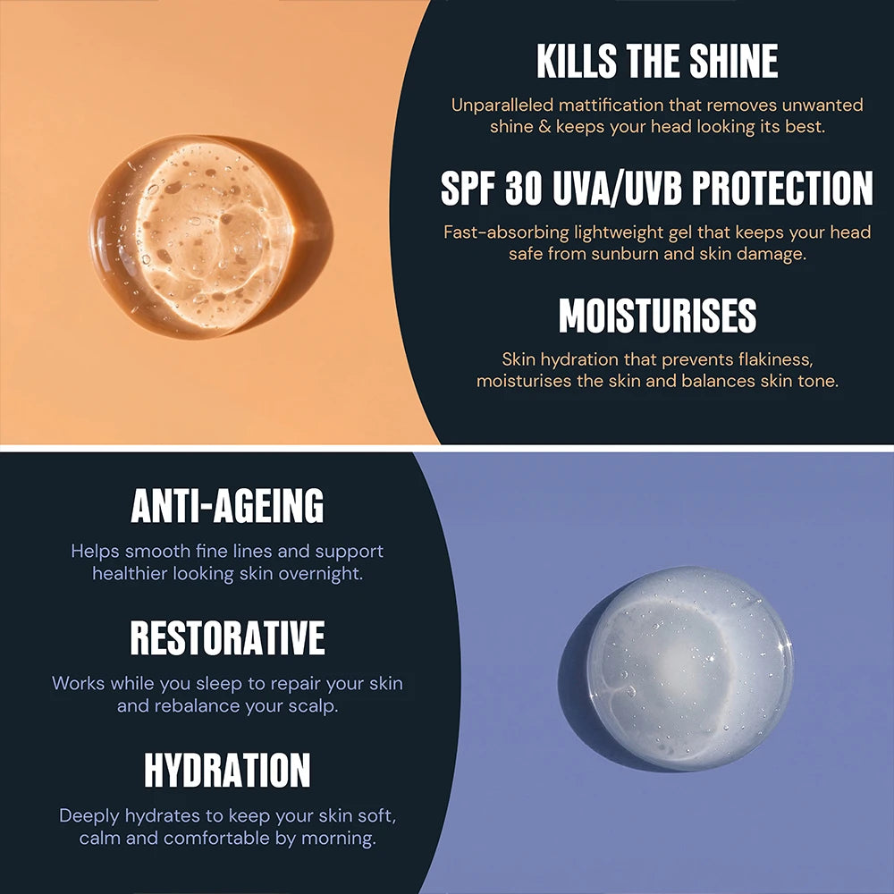 An informational graphic for a hair and scalp treatment, showing two clear gel spheres on a split beige and dark navy background. Text highlights benefits: kills the shine, SPF 30 UVA/UVB protection, moisturizes, anti-ageing, restorative, and hydration.