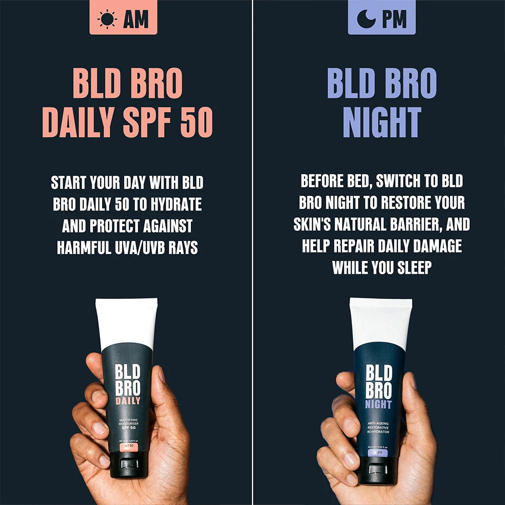 A split-screen skincare graphic showing two hand-held tubes of BLD BRO sunscreen, one labeled AM BLD BRO DAILY SPF 50 and one labeled PM BLD BRO NIGHT, on a dark background with explanatory text.