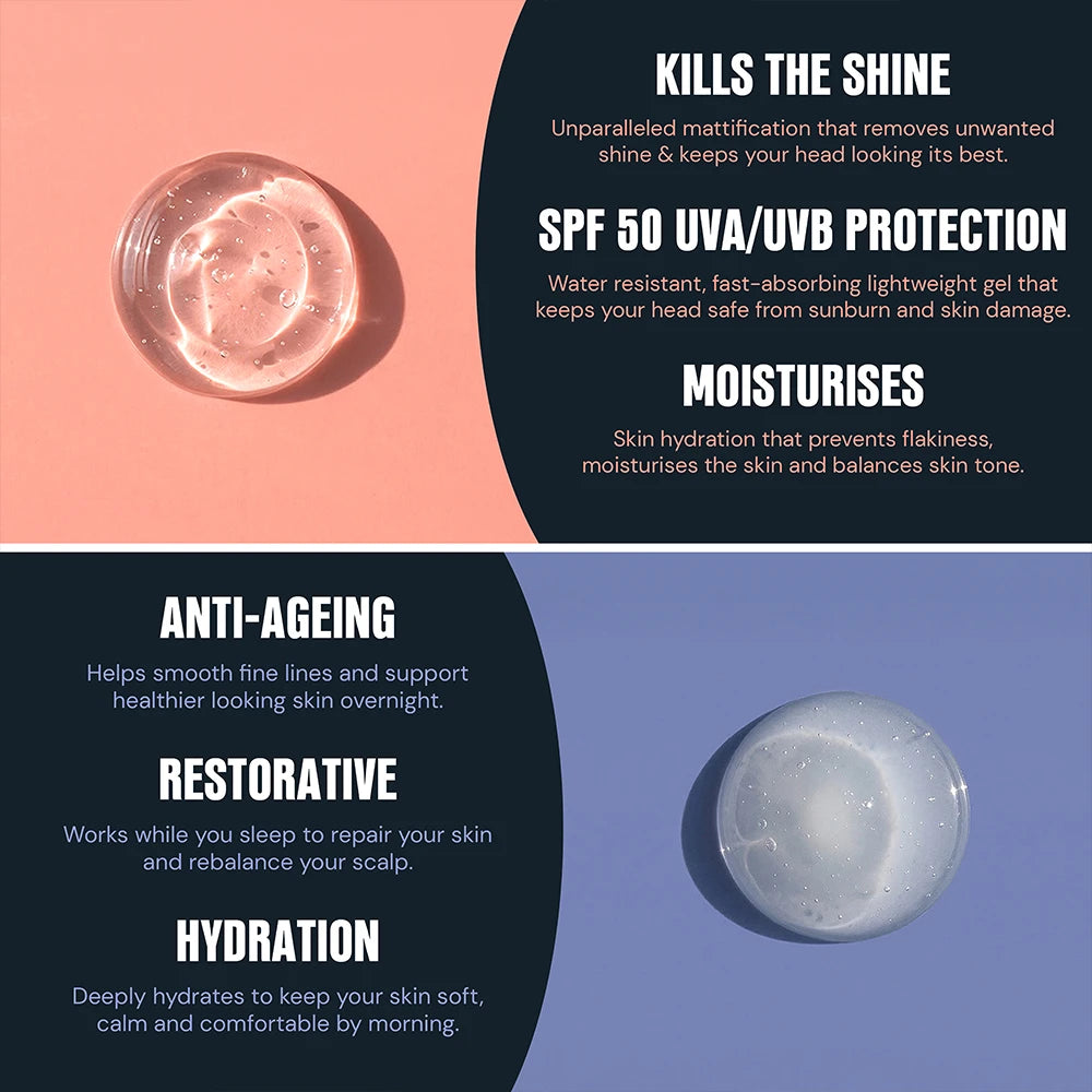 A split-panel skincare infographic showing two clear gel droplets on a peach and blue background with dark navy text blocks. Text claims include 'KILLS THE SHINE', 'SPF 50 UVA/UVB PROTECTION', 'MOISTURISES', 'ANTI-AGEING', 'RESTORATIVE', and 'HYDRATION'.