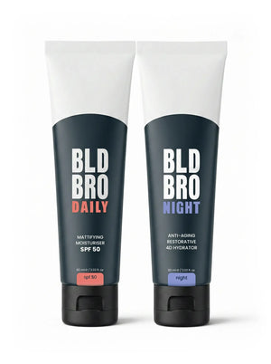 Two skincare products labeled 'BLD BRO DAILY' and 'BLD BRO NIGHT' on a white background.