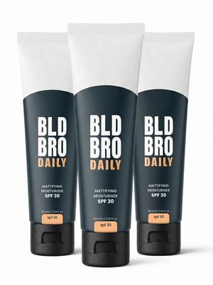 Three tubes of BLD BRO Daily matifying moisturizer on a white background