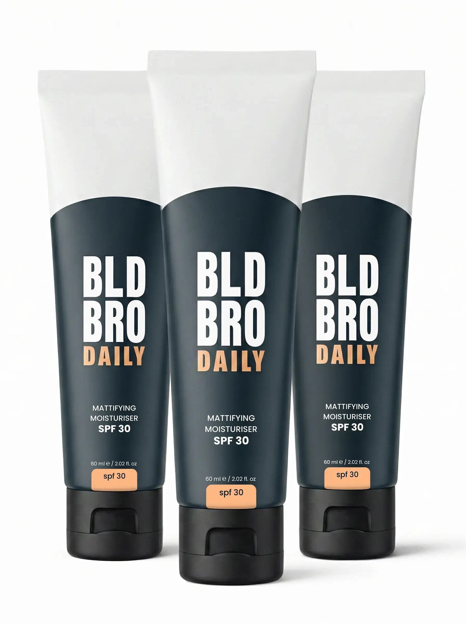Three tubes of BLD BRO Daily matifying moisturizer on a white background