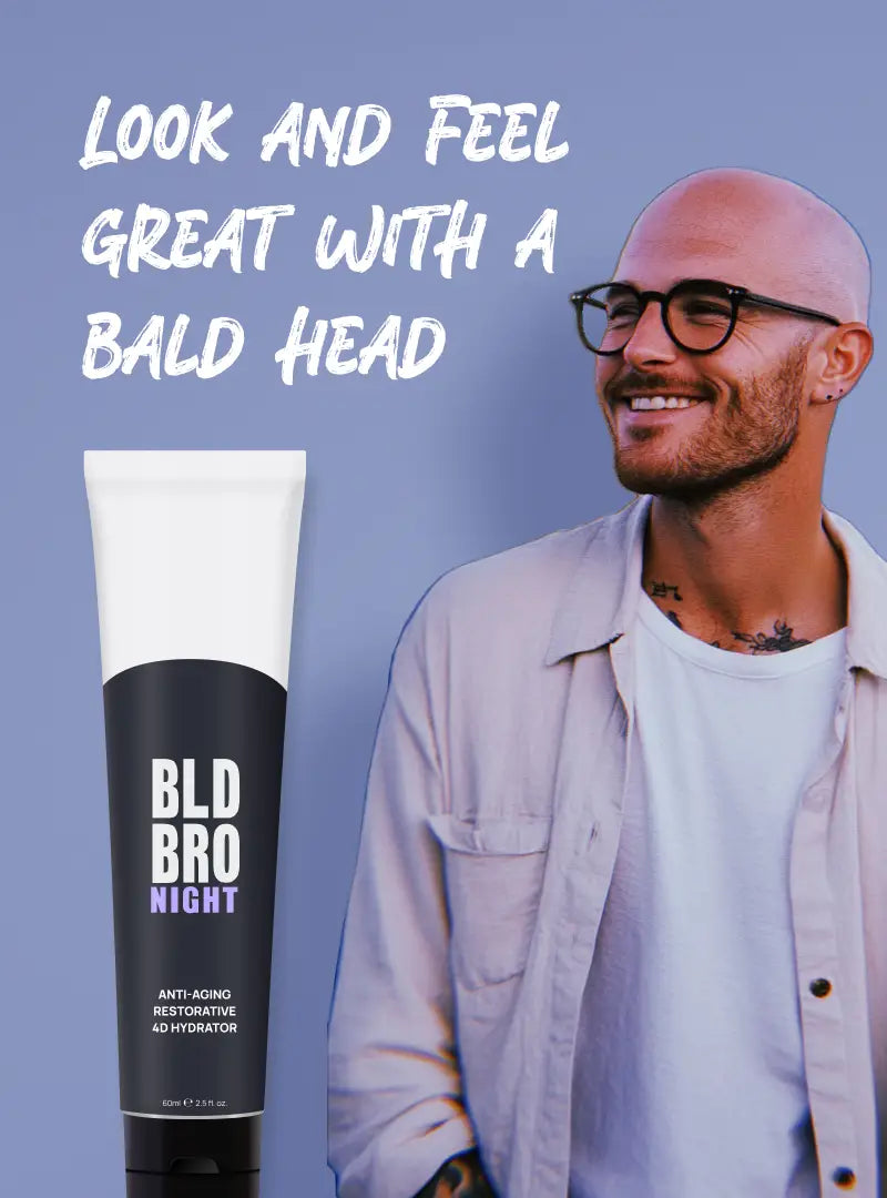 Man with a bald head wearing glasses next to a product labeled 'BLD BRO' on a blue background