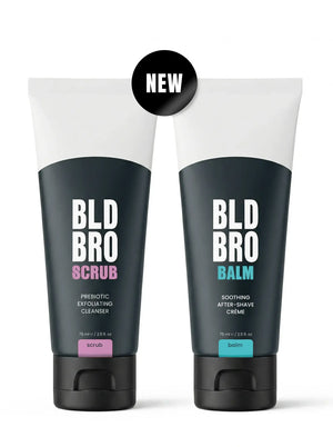 Tube of BLD BRO Scrub and BLD BRO Balm on a white background