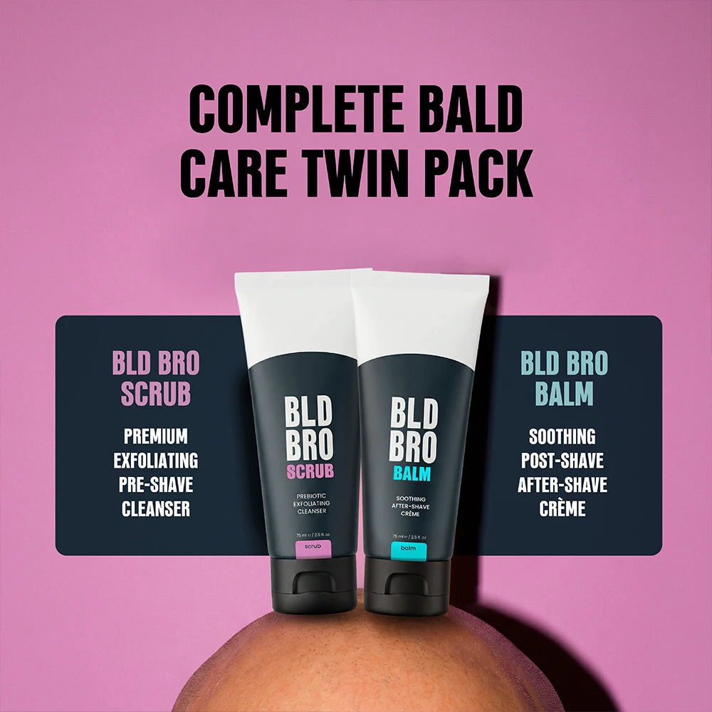 Two BLD BRO scalp care tubes, a pre-shave scrub and a post-shave balm, displayed on a brown sphere against a pink background with promotional text.