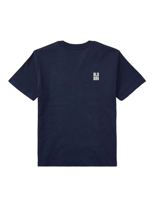 A navy blue short-sleeve crewneck t-shirt with a small white stacked logo reading 'BLD BRO' on the left chest, displayed flat against a solid white background.