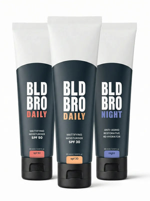 Three BLD BRO skincare products on a white background