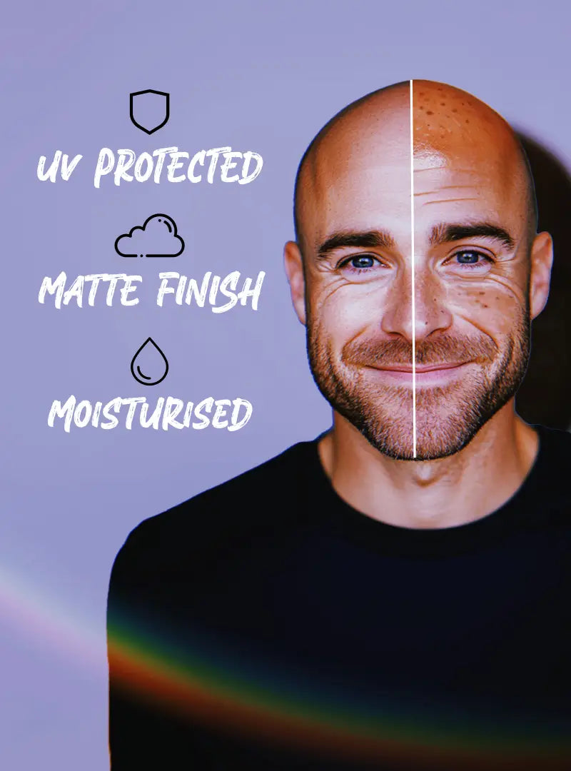 The words UV Protected, Matte Finish and Moisturised next to a picture of a happy bald man with his head divided in two halves, one showing the skin damaged caused by no SPF, the other clear, healthy and radiant.