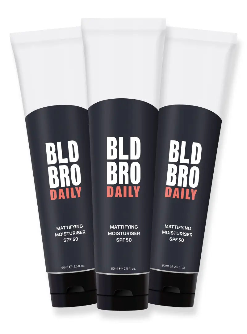 Three tubes of BLD BRO DAILY mattifying moisturizer on a white background