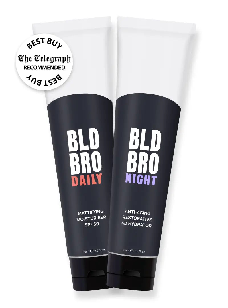Two skincare tubes labeled 'BLD BRO Daily' and 'BLD BRO Night' with a 'Best Buy' label from The Telegraph on a white background.