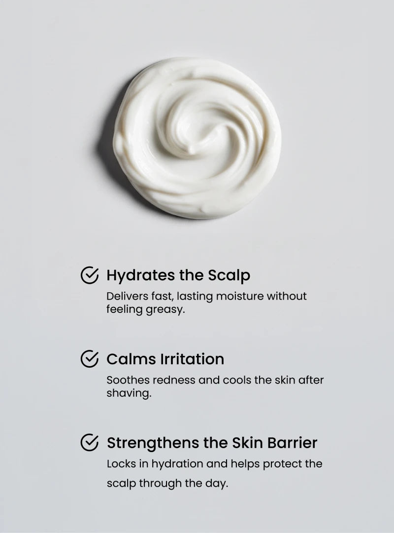 Swirl of white cream on a gray background with text about scalp care benefits.