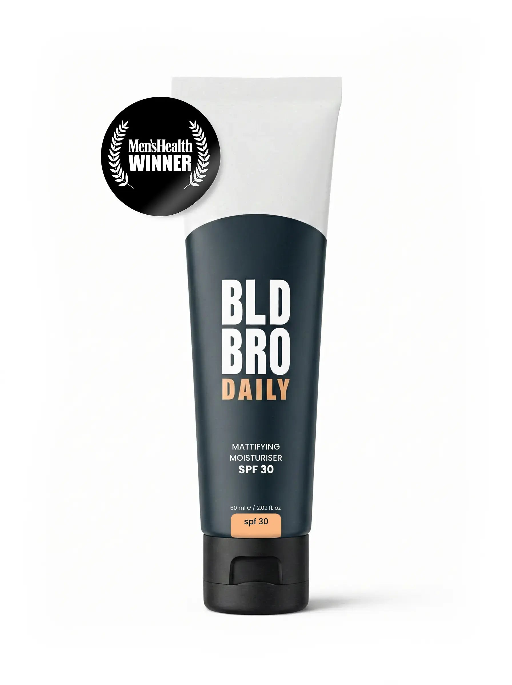 Bottle of BLD BRO DAILY sunscreen with Men's Health Winner badge on a white background