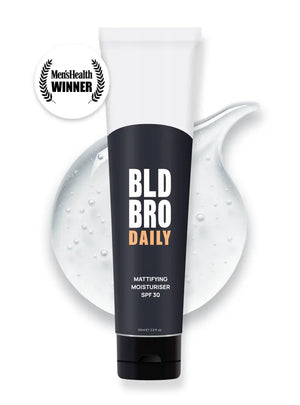 The BLD BRO Daily 30 60ml bottle in front of a splodge of clear mattifying gel.