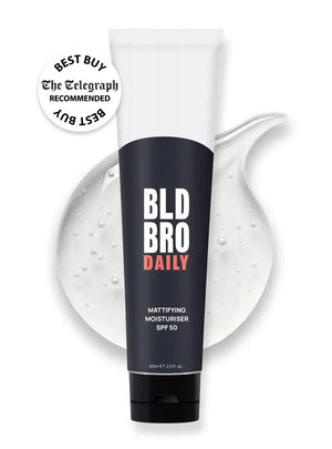 Tube of BLD BRO DAILY mattifying Moisturiser SPF 50 with product smear on white background