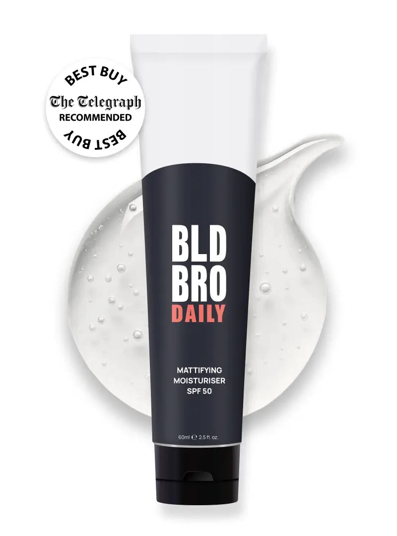 Tube of BLD BRO DAILY mattifying Moisturiser SPF 50 with product smear on white background