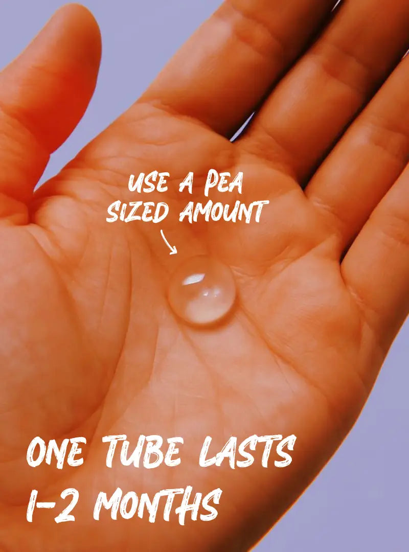 Hand holding a pea-sized amount of product with text on a purple background