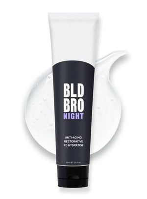 Tube of BLD BRO Night anti-aging restorative 4D hydrator on a white background