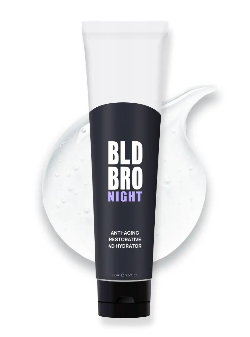 Tube of BLD BRO Night anti-aging restorative 4D hydrator on a white background
