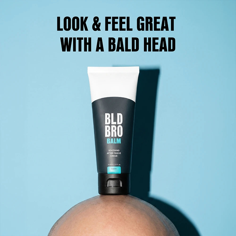 A squeeze tube of BLD BRO BALM stands upright on a person's bald head against a light blue background, with large black text above reading 'LOOK & FEEL GREAT WITH A BALD HEAD'. The product tube is black and white with a small turquoise accent.