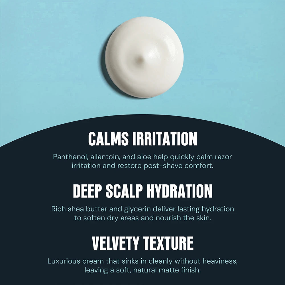 A cream-colored shaving product shown as a rounded dollop against a light blue background, with a dark navy text panel below highlighting benefits such as calming irritation, deep scalp hydration, and velvet texture.