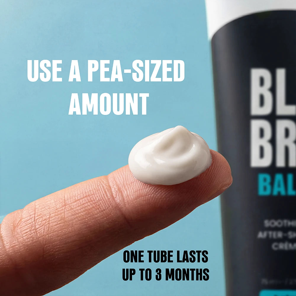 A close-up of a finger holding a pea-sized dollop of white cream, with text reading 'USE A PEA-SIZED AMOUNT' and part of a black tube labeled 'BLACK BR.
