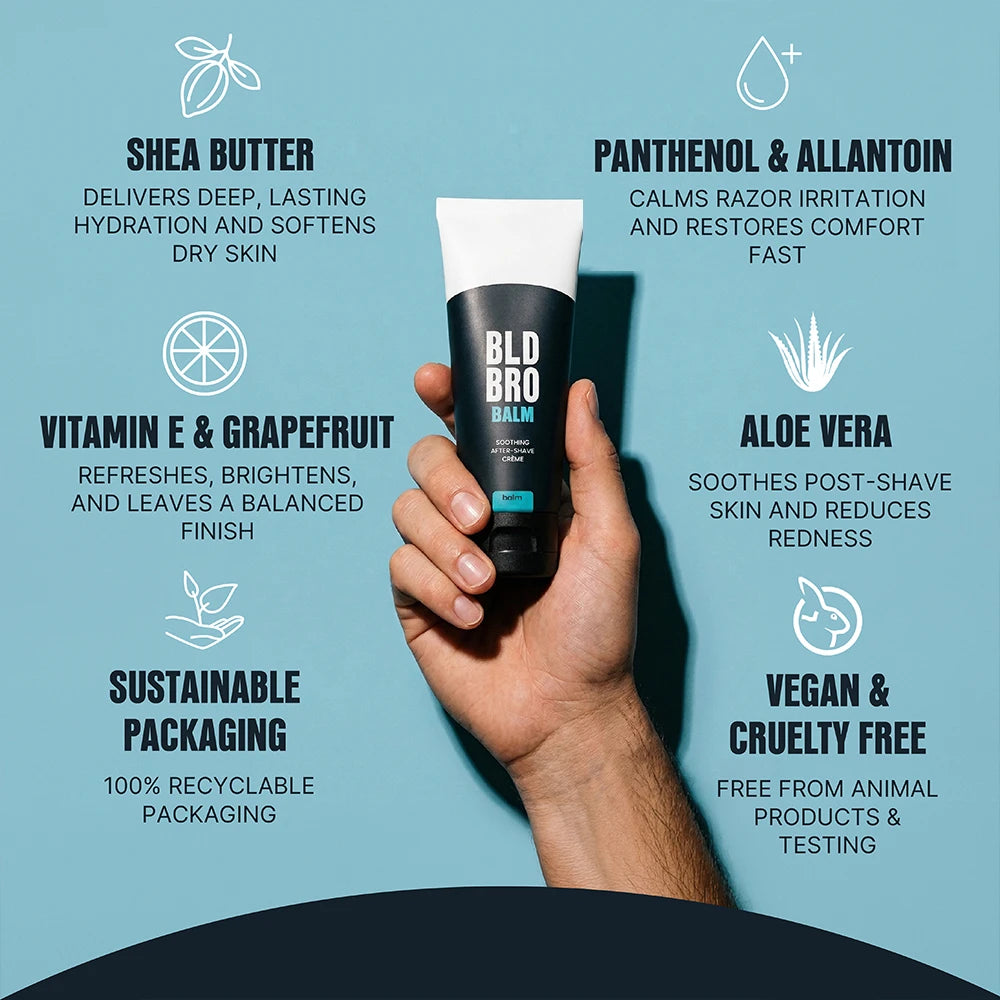 A hand holds a tube of BLD BRO BALM against a light blue background with text callouts highlighting ingredients and product benefits.
