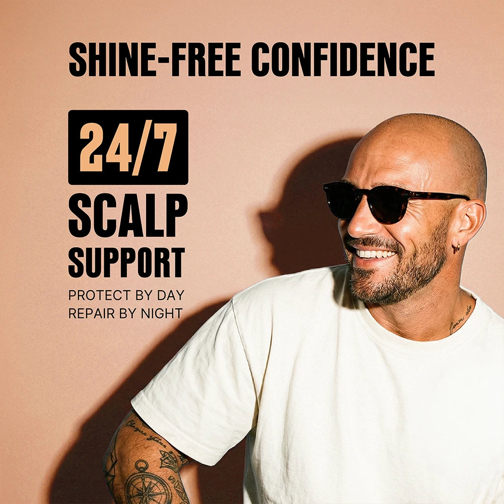 A smiling bald man with sunglasses and a white T-shirt stands against a peach background, with large promotional text reading 'SHINE-FREE CONFIDENCE', '24/7 SCALP SUPPORT', and 'PROTECT BY DAY REPAIR BY NIGHT'.