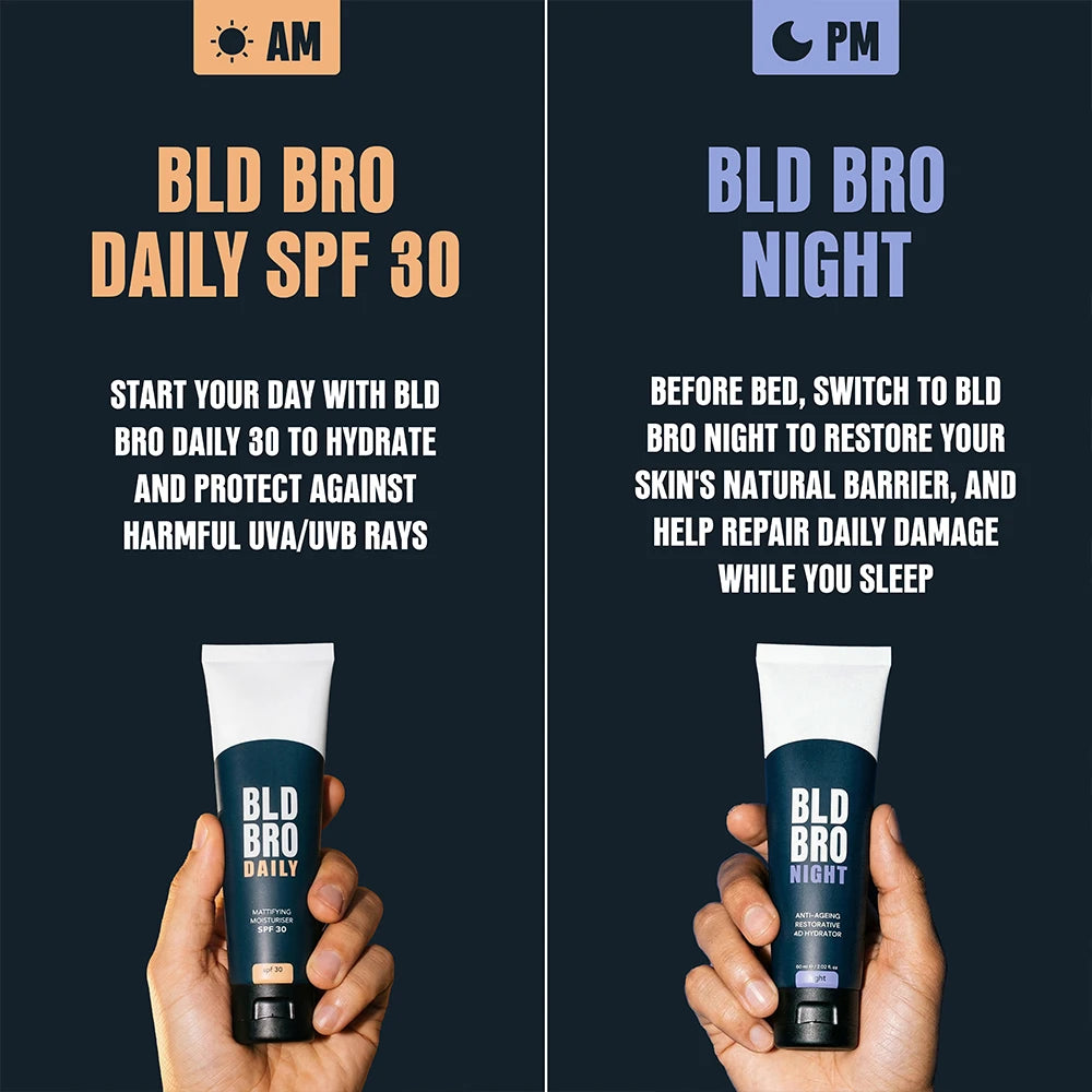 A promotional graphic for BLD BRO Daily SPF 30 sunscreen and BLD BRO Night showing two side-by-side panels: AM and PM. Each panel features a hand holding a dark teal and white squeeze tube of the sunscreen.
