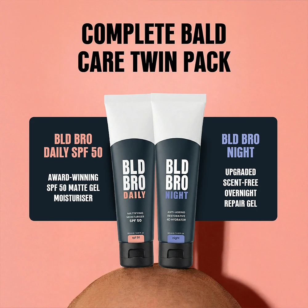 Two BLD BRO tubes, Daily SPF 50 and Night repair gel, displayed on a tan surface against a peach background with promotional text overlays.