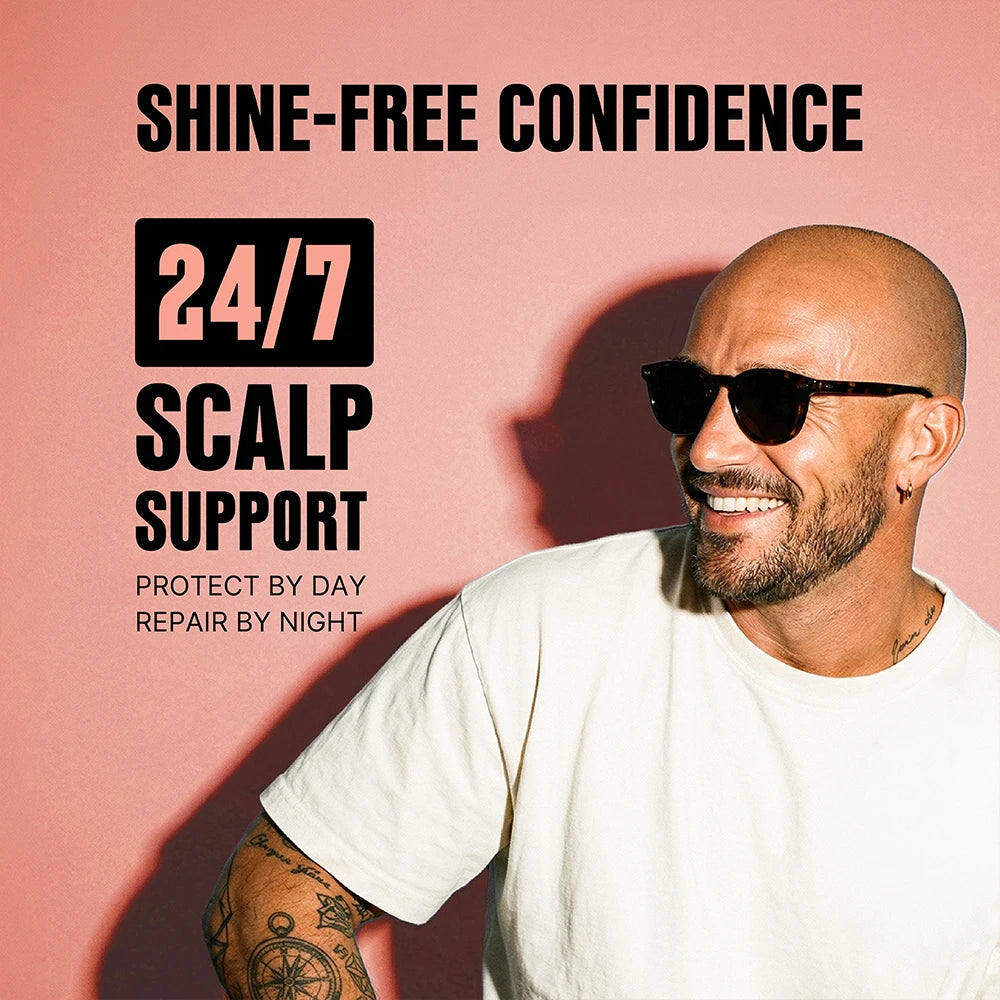 A smiling man with a shaved head, sunglasses, and a white T-shirt stands against a pink background with large promotional text reading 'SHINE-FREE CONFIDENCE,' '24/7 SCALP SUPPORT,' and 'PROTECT BY DAY REPAIR BY NIGHT.' This appears to be a digital promotional graphic rather than a straightforward product photo, and the actual product is not clearly visible, so subject_type is best classified as Other.