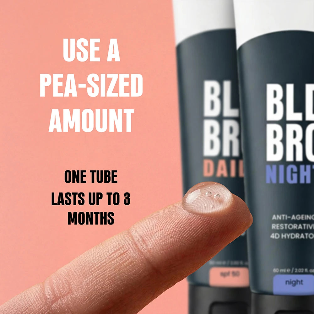 Two tubes of BLD BRO shown next to a close-up of a fingernail with a smear, on a peach background with text reading 'USE A PEA-SIZED AMOUNT' and 'ONE TUBE LASTS UP TO 3 MONTHS'.
