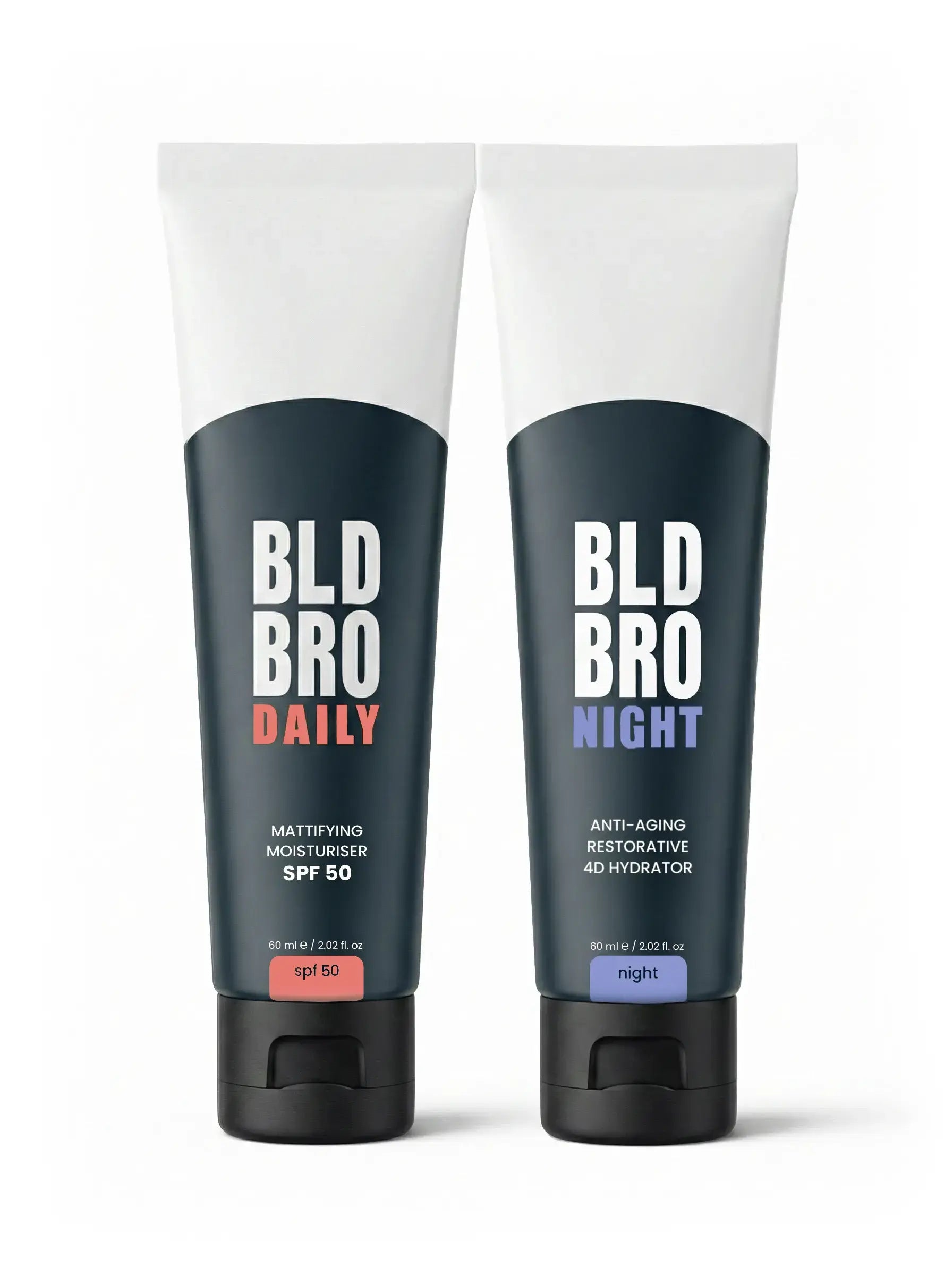 Two skincare products labeled 'BLD BRO DAILY' and 'BLD BRO NIGHT' on a white background.