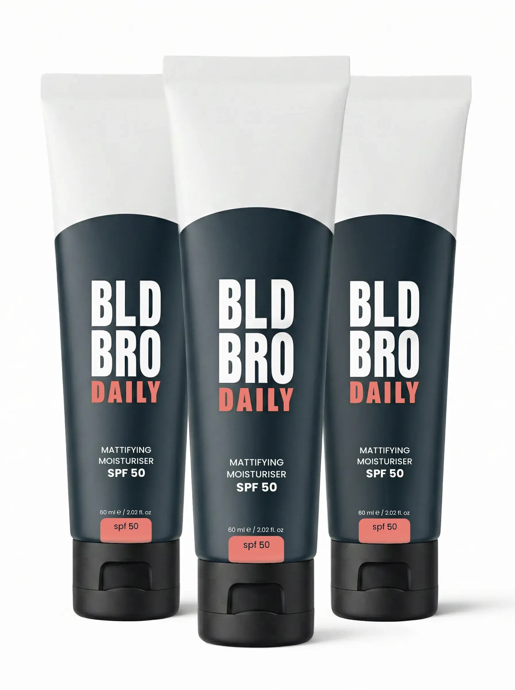 BLD BRO Daily SPF 50 Tubes 3 pack on a white background
