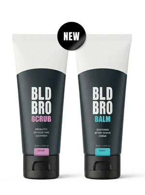 BLD BRO SCRUB and BALM products on a white background with a 'NEW' sticker in the middle