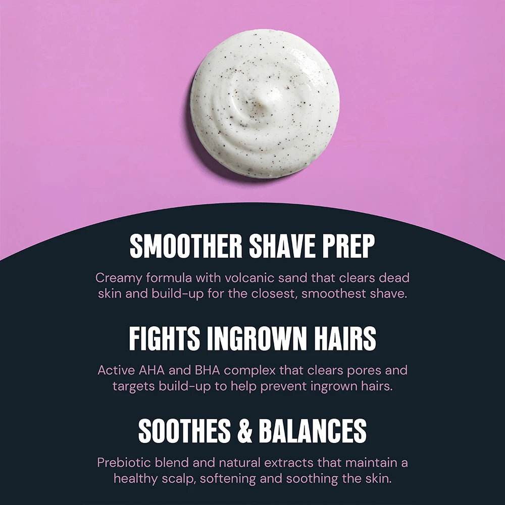 A promotional graphic for a shaving product showing a swirl of white cream with black specks on a pink background, with text below reading 'SMOOTHER SHAVE PREP', 'FIGHTS INGROWNS HAIRS', and 'SOOTHES & BALANCES'.