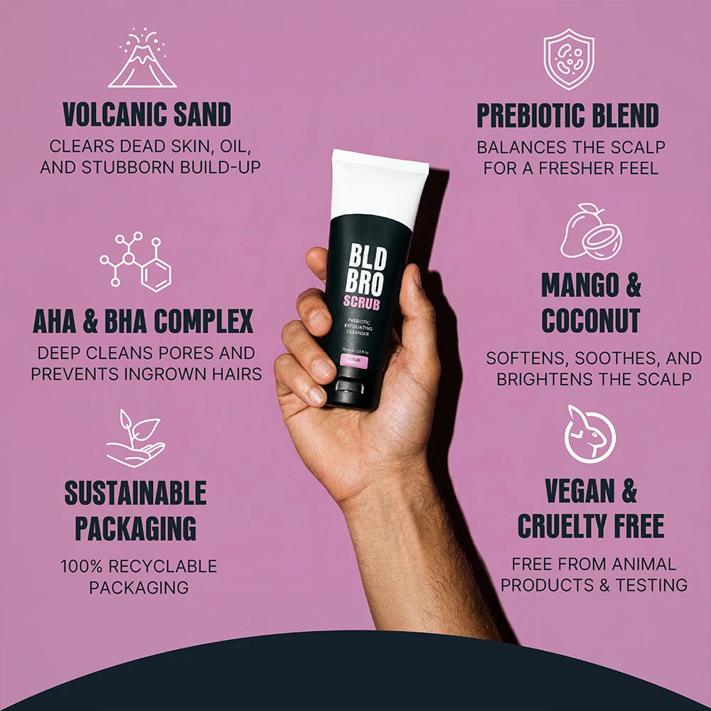 A hand holds a black and white tube of BLD BRO SCRUB scalp scrub against a pink background with white text detailing product features and benefits.