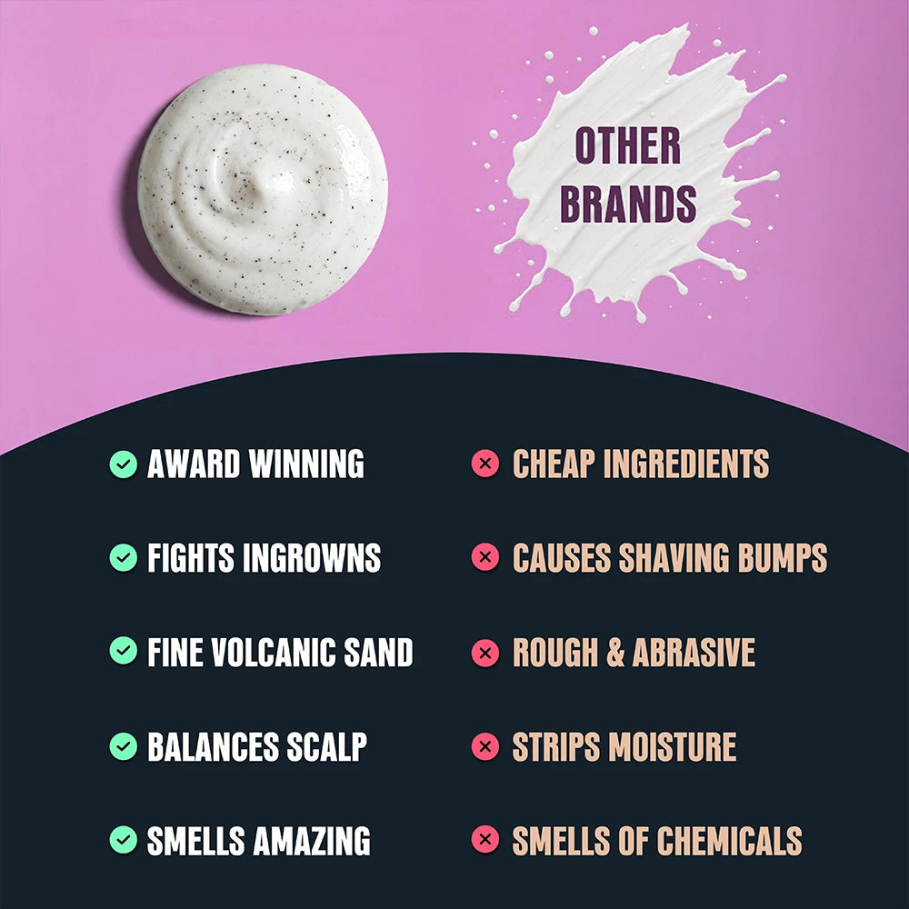 Promotional graphic for a shaving balm or body cream, showing a swirl of white cream with black specks on a pink background, alongside text comparing it to other brands and listing product benefits.