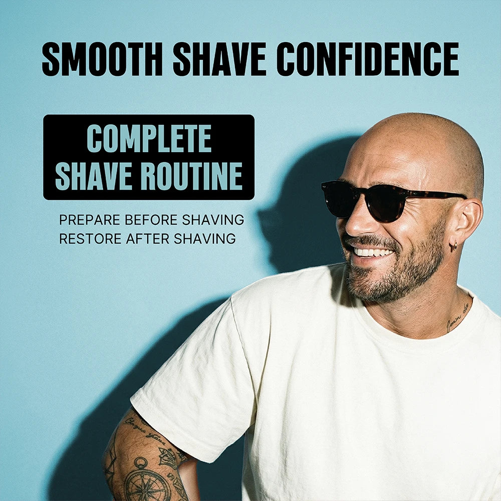 A smiling man with a shaved head, sunglasses, and a white t-shirt is shown against a light blue background with promotional text reading 'SMOOTH SHAVE CONFIDENCE' and 'COMPLETE SHAVE ROUTINE'.